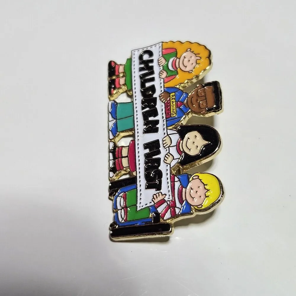 Vintage Children First Enamel And Gold Tone Lapel  Pin 1.5” x 7/8”